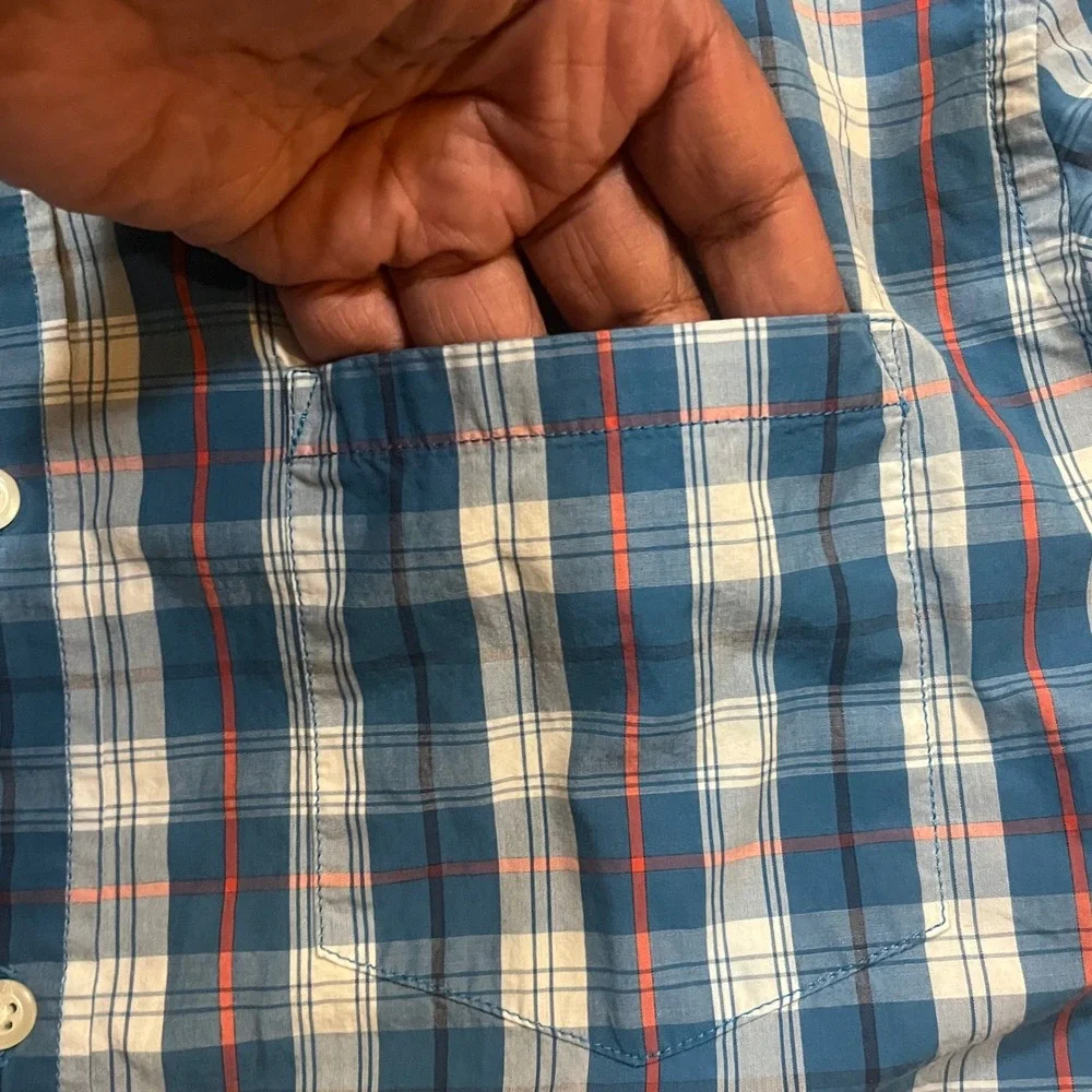 Banana Republic Mens Blue Plaid Soft Wash Tailored Slim Fit Button Down Shirt M